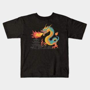 Colorful Chinese Dragon Unleashing Fire on Chinese City Kids T-Shirt